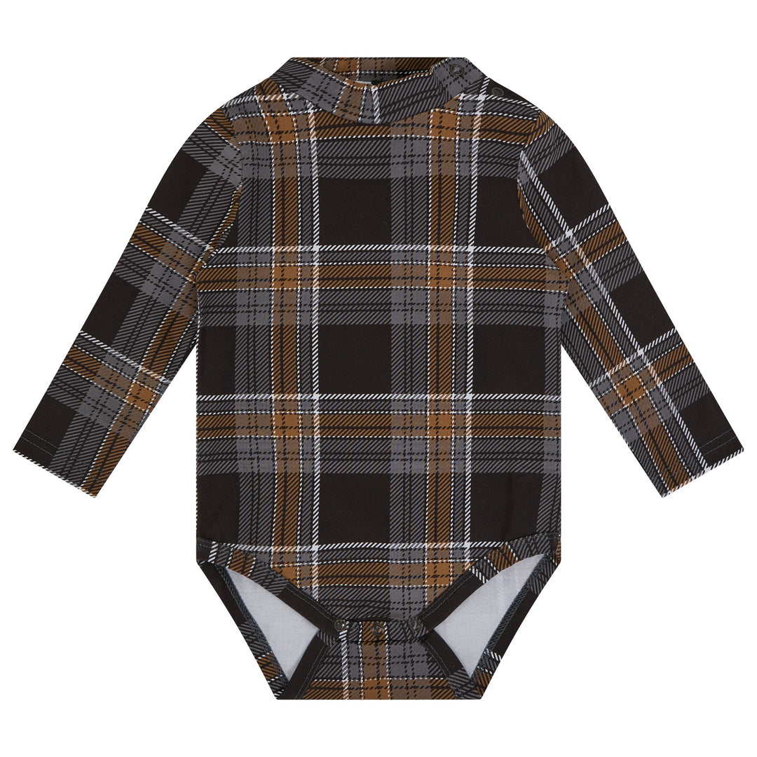 one piece plaid mockneck with overalls