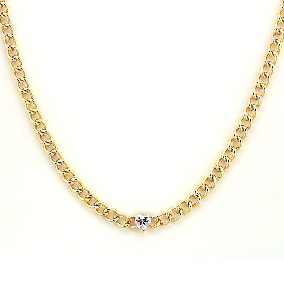 necklace curb chain w heart stone
