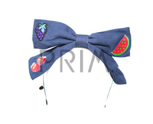 Load image into Gallery viewer, DENIM BOW WITH EMBROIDERED FRUIT HEADBAND
