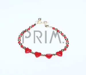 RED & GOLD BEADS & 4 RED HEARTS CENTER BRACELET