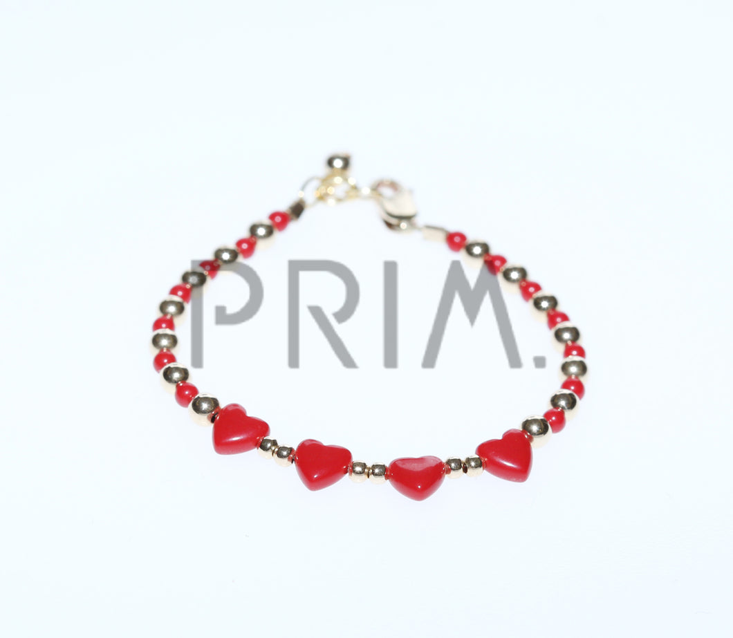 RED & GOLD BEADS & 4 RED HEARTS CENTER BRACELET