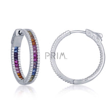 Load image into Gallery viewer, STERLING SILVER CENTER RAINBOW CZ BORDER HOOP EARRING
