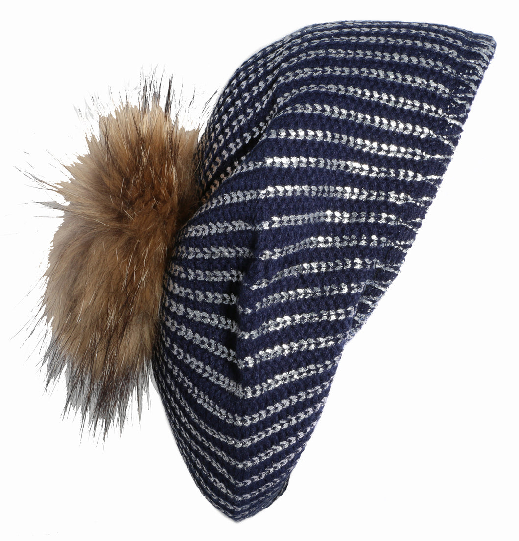 METALLIC KNIT SNOOD WITH POM POM