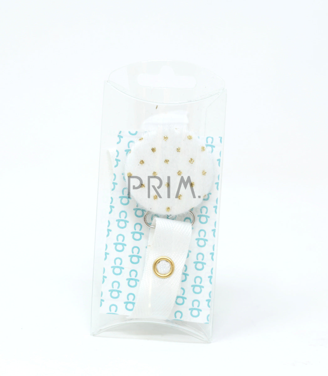 WHITE WITH GOLD DOTS & WHITE RIBBON CLIP