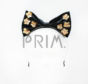 VELOUR BOW WITH METALLIC FLOWERS HEADBAND